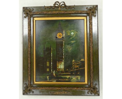 Big Ben framed picture Clock: An oil painting heightened with mother of pearl, not working. 66cm x 56cm