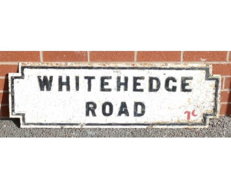 1920s cast iron Street Sign: Vintage cast iron street sign "Whitehedge Road", 33 x 114cm.