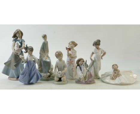 A collection of Nao figures: Nao porcelain figures of various children &amp; animals etc (girl holding bird, arm restuck) (8)