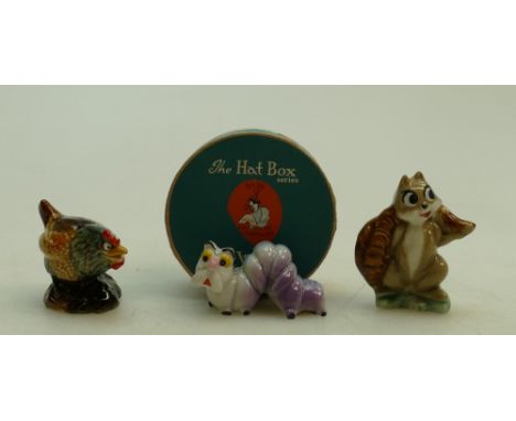 Wade Hatbox Whimsies: Wade hatbox figures Girl Squirrel, Madam Mim and Merlin as a caterpillar (Merlin in original box). (3)