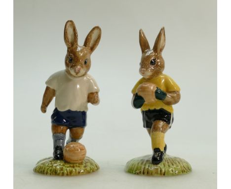 Royal Doulton pair of Bunnykins footballer figures: Royal Doulton Bunnykins footballer figures Footballer DB121 and Goalkeepe