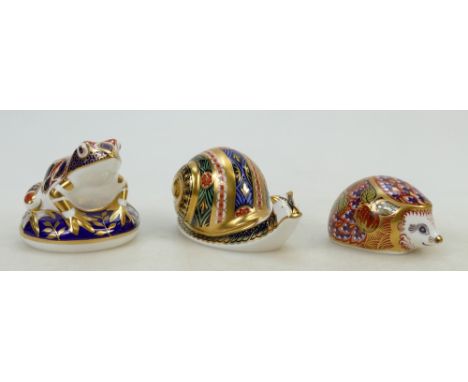 Royal Crown Derby Paperweights: Imari Frog, Orchard Hedgehog (both gold stoppers) and Garden Snail 4028 of 5000 (silver stopp