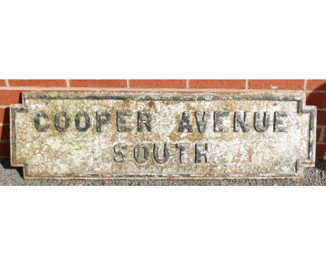 1920s cast iron Street Sign: Vintage cast iron street sign "Cooper Avenue South", 33 x 117cm.