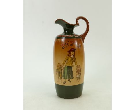 Royal Doulton rare Dewars Whisky Flask: Royal Doulton Dewars White Label whisky flask "Arkwright Club 1905" decorated with wo