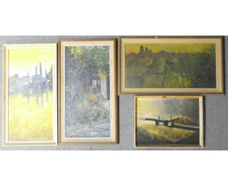 Mavis Walsh, A collection of Oil paintings on canvas: "Canal Reflections", "Bottom of the Garden", Industrial scene and canal