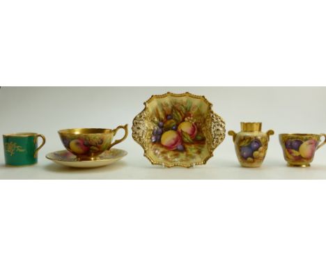 Aynsley collection of gilded fruit: Aynsley cups and saucers with fruit &amp; small vase by N Brunt and a two handled dish by