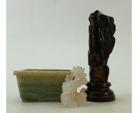 A collection of miscellaneous Chinese Stone items to include: A pale green Jade square censer, a scholar's stone, an agate ca