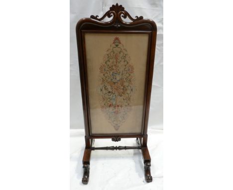 Early Victorian Rosewood Fire Screen : Floral Tapestry behind Glass to centre. Height 113cm, Width 49cm and Depth 48cm