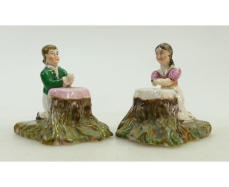 Two small early 19th c Staffordshire figures: Two unusual early 19th c Staffs figures, one with reglued base &amp; chip.