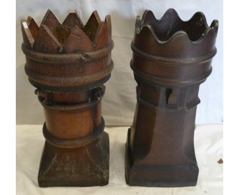 Two Vintage Chimney Pots: Two antique glazed terracotta castle top chimney pots, height 74cm. (one has small loss to top edge