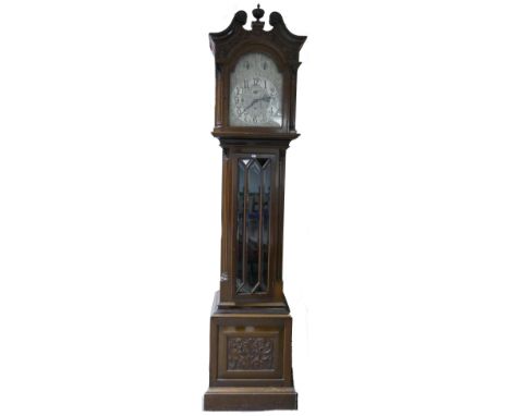 20th Century Carved Mahogany Musical Grandfather Clock: Plays St Michaels, Whittingtons and Westminster chimes on musical box