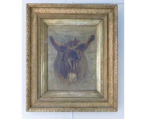 Oil painting of Donkey: Vintage oil painting on canvas of a donkey in ornate gilt frame 33cm x 24cm.