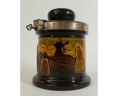Royal Doulton Kingsware Tea Caddy: Royal Doulton Kingsware tea caddy &amp; cover decorated with Dutch scenes with hallmarked 
