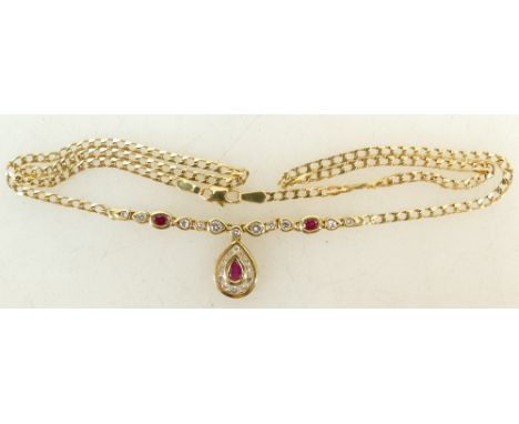 18ct ladies Diamond &amp; Ruby Necklace: 18ct diamond and ruby necklace by Walker &amp; Hall in presentation box, 9.8 grams.