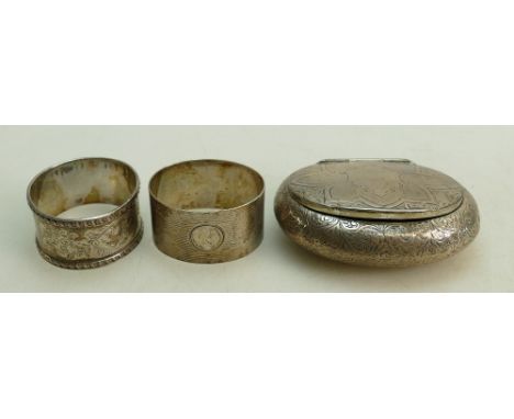 Silver Oval Snuff / Tobacco box &amp; 2 Napkin rings: Silver oval snuff / tobacco box, Chester hallmarked together with 2 sil