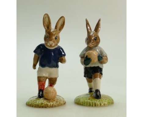 Royal Doulton pair of Bunnykins footballer figures: Royal Doulton Bunnykins footballer figures Footballer DB123 and Goalkeepe