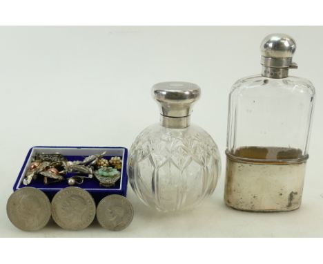 A collection of silver and costume Jewellery: Items to include silver topped hip flask and scent bottle, various costume jewe