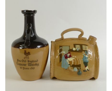 Royal Doulton Scotch Whisky Flasks: Royal Doulton Lambeth Scotch whisky flask Ye Olde Cock Tavern, height 20cm and a smaller 