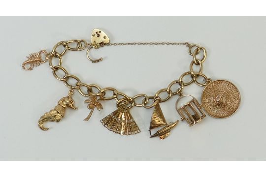 9ct gold Charm Bracelet with 7 charms: 9ct gold charm bracelet with 7