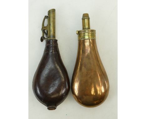 19th century Powder Flasks: 19th Century brass powder flask and another leather and brass example. (2)