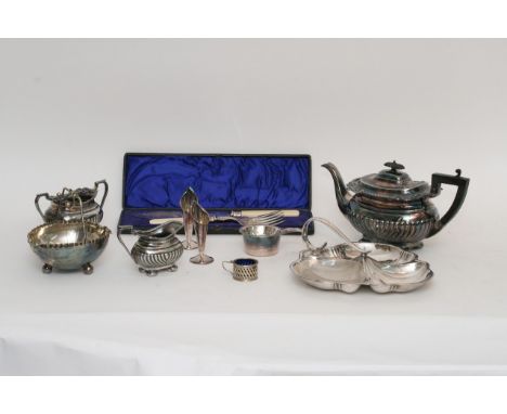 A three piece silver plated teaset, cased fish servers and various plated ware