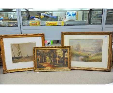 A framed watercolour of grazing cattle signed J.Scott, an original Tatton Winter etching titled 'The Shepherd and his flock' 