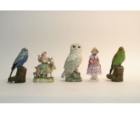 A collection of ceramics comprising a Doulton decanter and modern owl, two danish earthenware budgies, doulton figure Greta a