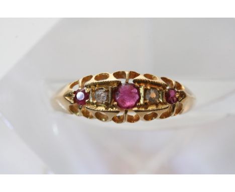 Ladies five stone ruby and diamond gold ring