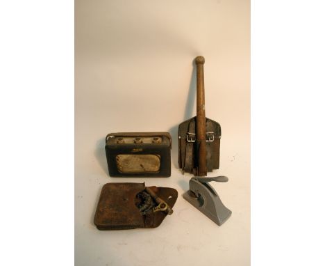 A box of collectables including a Roberts radio, folding shovel, saw etc.