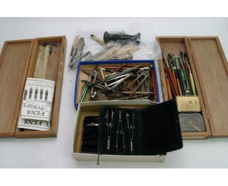 A collection of cased draughtsman and compass sets plus pen nibs, artists pencils, Victorian bone implements and penknives