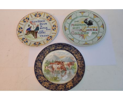Two Dutch ceramic plates, one of a cockerel the other of country gentlemen plus a plate depicting cattle (3).