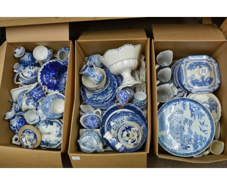 Three boxes of blue and white china including various cups and saucers, cheese dish and cover and other items.