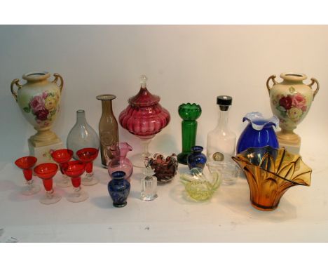 A collection of assorted glassware including a pair of silver overlay vases, cranberry glass and a Rosenthal decanter plus a 
