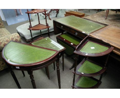 A collection of reproduction mahogany furniture including a sofa type table and corner display unit