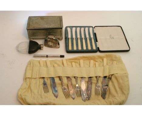 A cased set of silver banded knives, silver plated cutlery, hip flask, Watermans sterling silver pen and other items.