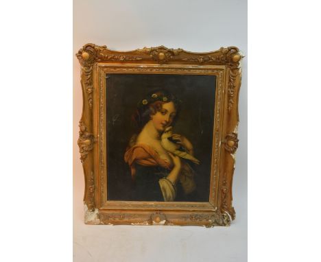 A gilt framed portrait on metal of young girl with dove  45 by 50 cm