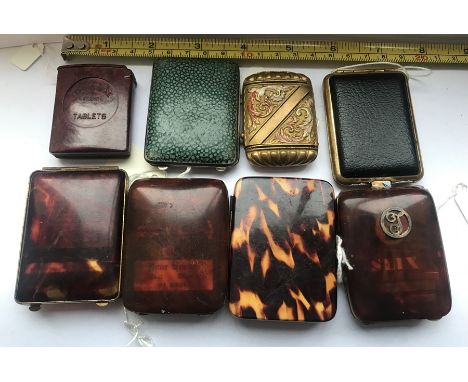 Selection of eight matchbook and vesta cases, faux tortoiseshell, faux shagreen, leather, bakelite and brass, bakelite advert