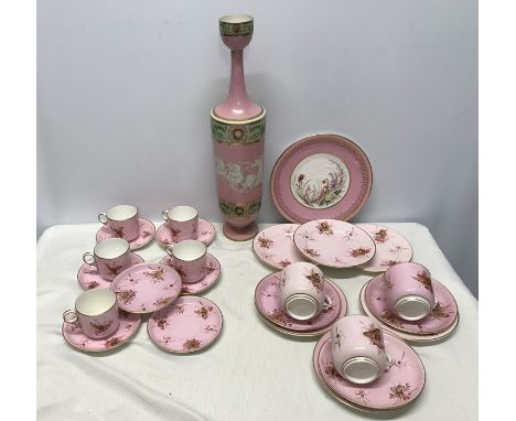 Victorian pink pottery selection. S.B and Son part tea set 24 pieces, cups, saucers, side plates. Butterflies decoration. Flo