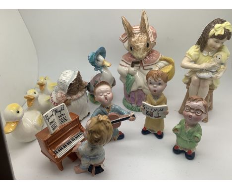 Ceramics to include Beswick Goodnight choir (some a.f), Beswick ducks a/f, Beswick Beatrix Potters, Jemima Puddleduck and Mrs