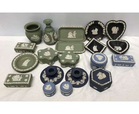 Collection of Wedgwood blue, green and black jasperware, vases 10cm and 12.5cms h, pin and ash trays, trinket boxes, small ca