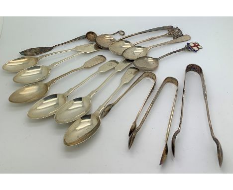 Hallmarked silver including teaspoons, sugar tongs, salt spoon and butter knife, 226.1gms total. Condition ReportSome spoons 