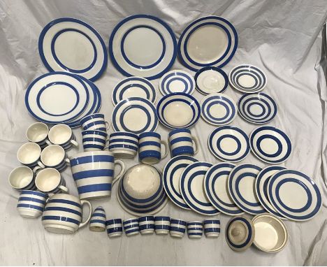 Selection of Blue and white Cornish Ware. Dinner plates 25cms and 23cms w, various saucers, mugs, cups, 2 jugs 14cms and 11cm