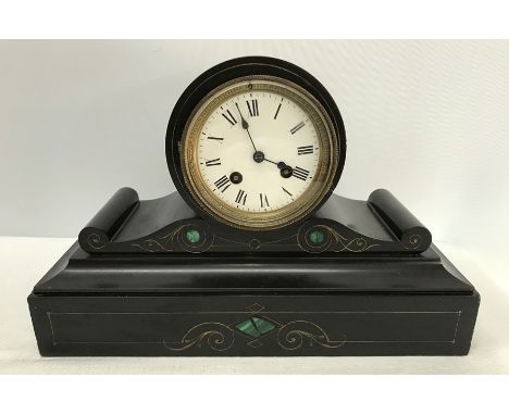 Victorian black marble mantle clock with malachite inlay, H P and Co movement, enamel face. 23 h x 34cms w. Condition ReportM