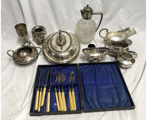 Selection of silver plated ware, Dixon cut glass claret jug. Walker and hall serving dish, jugs, sugar bowl, cup etc. Conditi