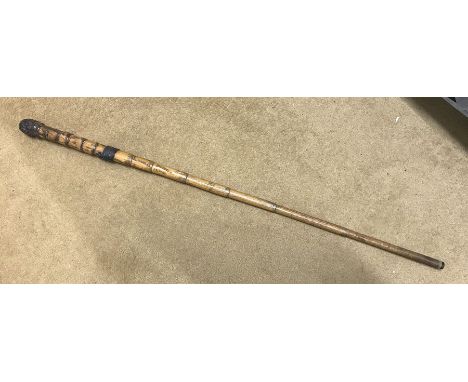 Bamboo walking cane engraved with WW I France and Belgium towns. Capt Everatt DLI Durham Light Infantry Loos, Albert, La Bois