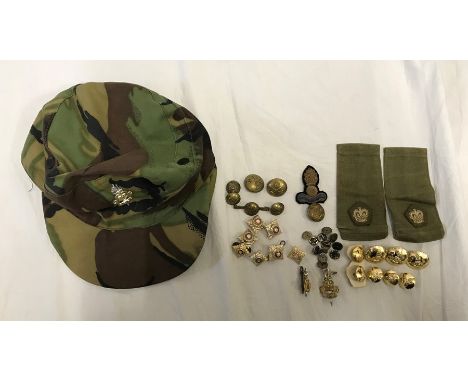 Militaria collection. Military buttons, 1980's British Army cap with RAEC cap badge. Royal Engineers Ubique collar badge. Bri