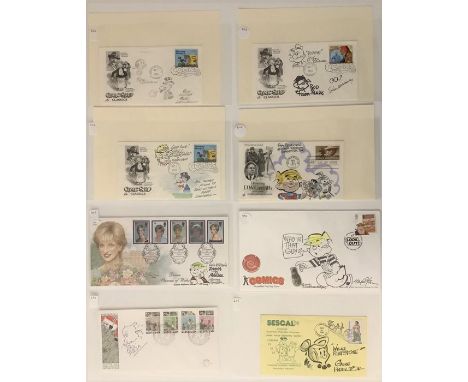 A collection of 14 First Day Covers and Issues with hand-drawn sketches relating to Cartoonist signed by Dick Locher, Bob Kan
