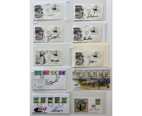 A collection of 9 First Day Covers and Issues with 1 postcard relating to Golf signed by Seve Ballesteros; Lee Trevino, Sam, 