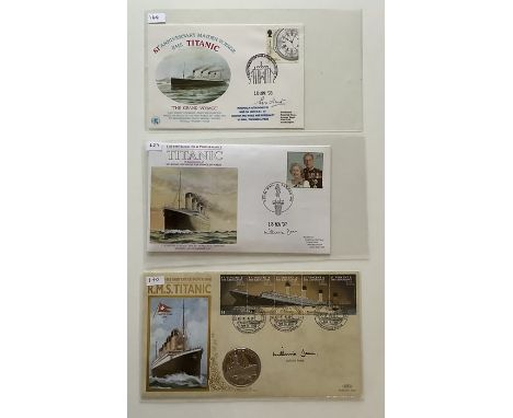 A collection of 3 First Day Covers on the subject of Titanic signed by Millvina Dean x 2 (one with a metal coin) and Eva Hart