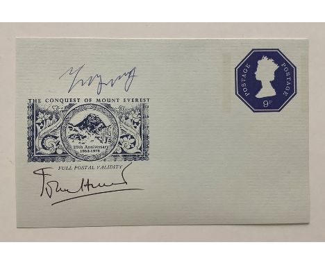 A printed card of a First Day cover, The Conquest of Mount Everest 25th Anniversary signed by Explorers John Hunt and Sherpa 